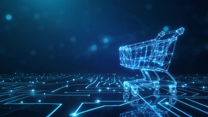 Glowing intricate polygonal shopping cart, rendered in brilliant electric blue lines, symbolizing modern e-commerce and digital transactions, concept for online shopping, technology and retail. - Powered by Adobe