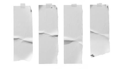 Collection of four crumpled and torn white paper strips attached with tape