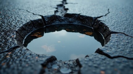 Reflective Puddle in a Cracked Asphalt Surface A Close-Up View of Water Collecting in a Depression