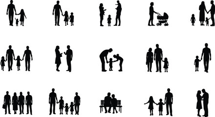 Black Silhouette Vector Collection of Diverse Families, Couples, and Groups: Parents Interacting with Children in Various Poses – Isolated on White Background