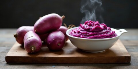 Aromatic Steamed Purple Sweet Potatoes Served in a Bowl with Delicate Mashed Texture on a Rustic Wooden Board