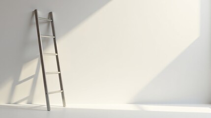 A simple metal ladder stands against a bright white wall, bathed in sunlight creating a shadow, offering a minimalist and clean aesthetic.