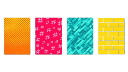 Colorful set of diverse backgrounds with halftone dots, hashtags, geometric shapes, and brick wall textures