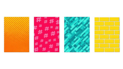 Colorful set of diverse backgrounds with halftone dots, hashtags, geometric shapes, and brick wall textures