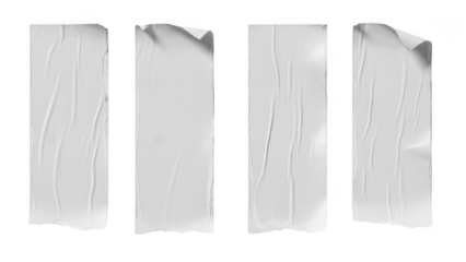 Four blank white paper strips with wrinkles and curled edges isolated on a black background for design elements