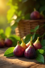A Harvest of Ripe Figs Basking in Golden Sunlight on a Rustic Wooden Table, Surrounded by Lush Green Foliage