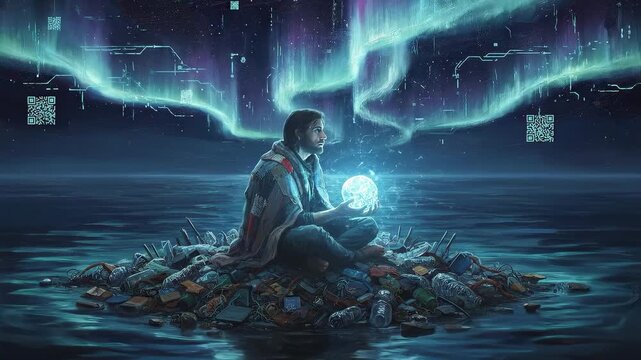 A solitary figure sits on a pile of discarded ideas, gazing at a glowing orb that sparks new visions amid a dark, digitally infused atmosphere. Surreal elements enhance the scene