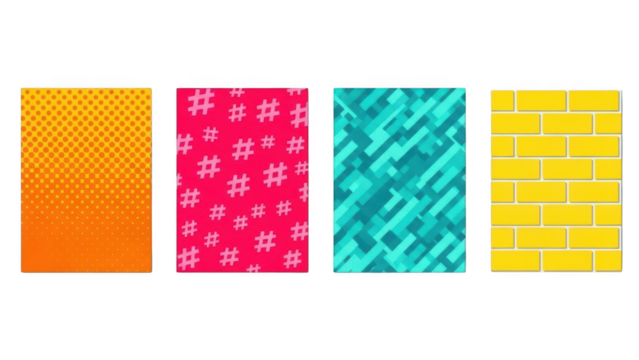 Colorful set of diverse backgrounds with halftone dots, hashtags, geometric shapes, and brick wall textures - Powered by Adobe