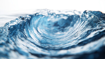 Dynamic blue water wave cresting with splashes and droplets in motion. Close-up view of a turbulent water wave forming a crest with many small splashes and droplets, highlighting the fluid dynamics.