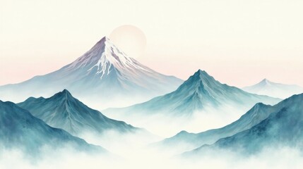 Serene Mountain Range at Dawn A Misty, Dreamlike Vista of Peaks and Valleys Bathed in Soft Light