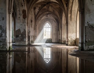Obraz premium Light streams through a gothic window into a flooded, decaying interior