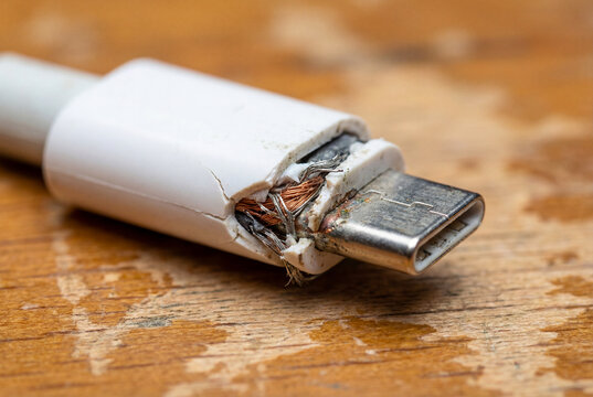 Broken white charging cable with exposed wires. Damaged electronics cord macro