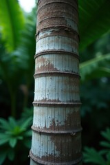 Detailed Close-up of a Tropical Tree Trunk Showing Textured Bark and Natural Patina
