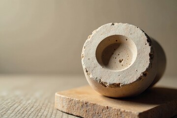 A Textured Beige Stone Object with a Central Cavity Rests on a Matching Base