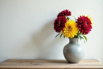 Vibrant autumnal bouquet of crimson and gold dahlias arranged in a simple grey vase on rustic wooden table against a muted white wall
