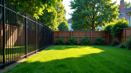 Serene backyard oasis featuring a meticulously maintained lawn, enclosed by a stylish combination of wooden and metal fencing, bathed in the warm glow of sunlight.