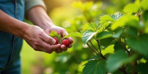 Gentle Hands Harvesting Ripe Summer Berries from Lush Green Foliage in a Sunny Garden