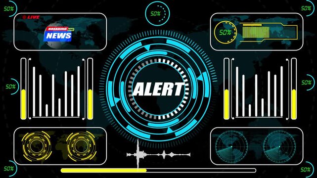 A reactive HUD animation highlighting alert signals with rapid-response mapping layers, synchronized event-detection indicators, and real-time system monitoring intelligence
