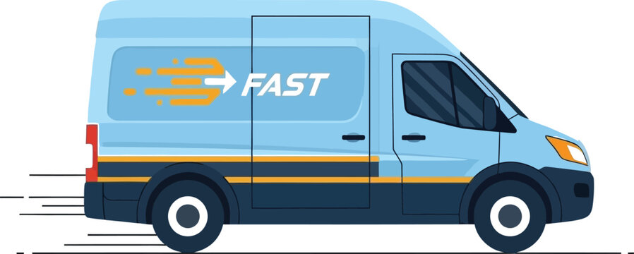 A light blue delivery van with fast shipping graphics on transparent background