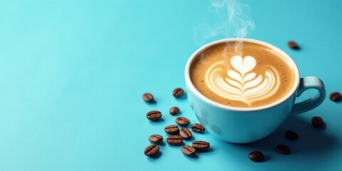 Aromatic Steam Rising From a Cup of Latte Art Coffee with Roasted Beans on a Light Blue Background