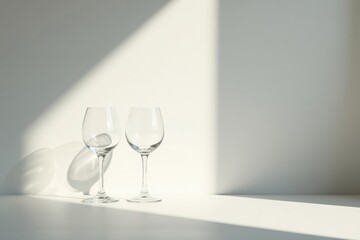 Two empty wine glasses sit on a white surface, bathed in sunlight casting long shadows on a minimalist backdrop.