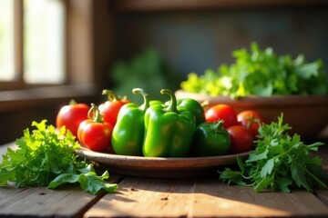 Sunlit Harvest Fresh Green Bell Peppers and Ripe Red Tomatoes on Rustic Wooden Table with Vibrant Green Herbs