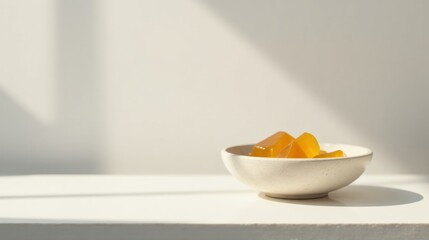 Sunlit Still Life of Golden Cubes in a Small Bowl on a White Surface