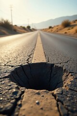 A Deep Crack in the Asphalt Road Reveals a Hidden Depths on a Sunny Day