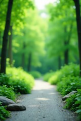 Serene Pathway Through Lush Green Canopy, Sunlight Dappling a Gentle Asphalt Trail Lined with Vibrant Foliage and Smooth Stones