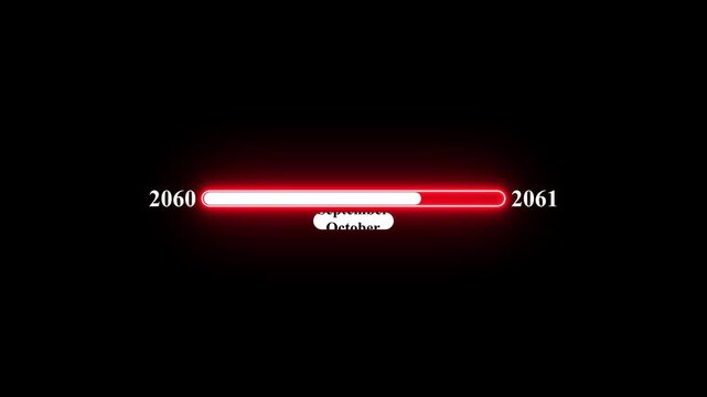2060 to 2061 loading animation with January 2060 to January 2061 time line on black background, year progress transition, calendar time loading bar, new year change concept