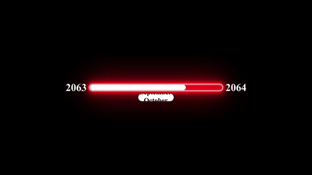 2063 to 2064 loading animation with January 2063 to January 2064 time line on black background, year progress transition, calendar time loading bar, new year change concept