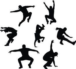 Set of male breakdancers and street dancers performing dynamic jump, squat, and handstand action poses, isolated vector collection.