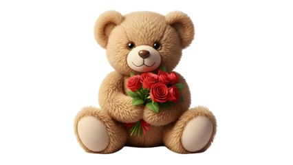 Teddy bear holding red roses isolated on transparent background