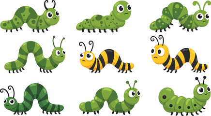 Obraz premium Charming collection of colorful cartoon caterpillars and bumblebees on transparent background