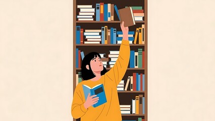 A woman reaches for a book on a tall bookshelf while holding another one