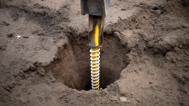 Metal tool plunges into a hole in the dark brown sand, with white coiled spring