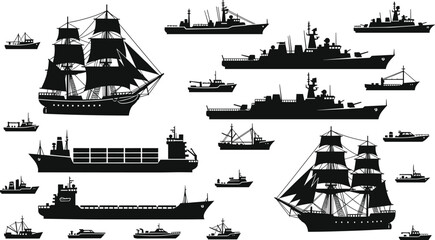 Black Silhouette Vector Collection of Diverse Sea Vessels Including Cargo Ships, Sailboats, Fishing Trawlers, and Warships – Isolated on White Background © Shahariar's World