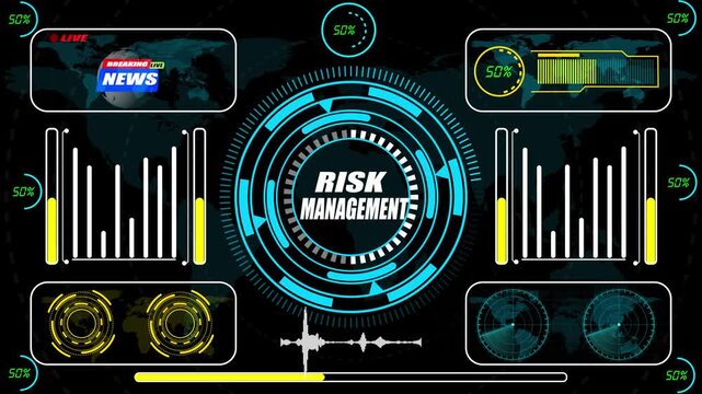 A corporate HUD animation illustrating risk management intelligence with threat-analysis indicators, mitigation mapping flows, and structured decision-support workflows