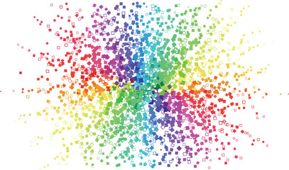 Colorful abstract radial burst of geometric squares and shapes in full spectrum gradient, ideal for data visualization and digital design.