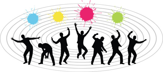 Energetic dance silhouettes with colorful paint splashes and motion rings for creative expression, performance themes, and artistic backgrounds.