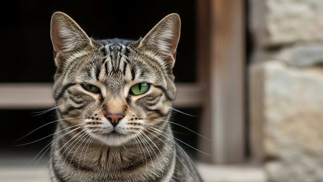Intense close up portrait of a serious tabby cat with striking green eyes staring directly forward outdoors - Powered by Adobe
