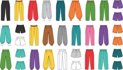 Grid of colorful pants and shorts showcasing diverse styles, lengths, and designs for fashion inventory, retail display, and catalog use.
