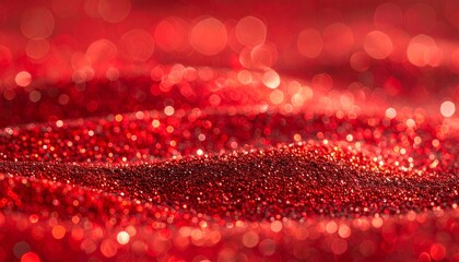 Close-up of red glitter surface with shimmering light reflections and gentle waves, festive and abstract.