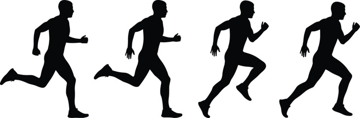Set of Running Men Silhouettes Vector, Four Different Poses of Sprinters in Motion, Speed, Fitness, Sports, Competition, and Active Lifestyle Graphic Design.
