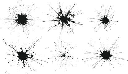 High-resolution black ink splatter set with dynamic radial bursts and droplets for abstract design, texture overlays, and artistic backgrounds.