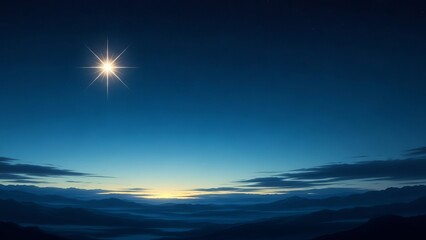 Brilliant guiding star shines brightly above misty mountain ranges during a deep twilight blue hour