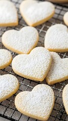 Heartshaped cookies with powdered sugar on cooling rack