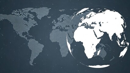 Digital world map projection with a glowing three dimensional globe overlay against a dark background