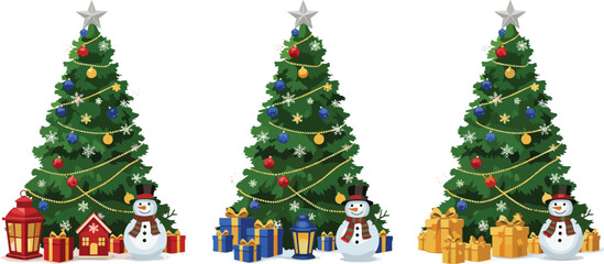 Set of Three Decorated Christmas Trees with Gifts, Snowmen, Lanterns, and Red and Blue Ornaments Ready for Holiday Celebrations, Vector