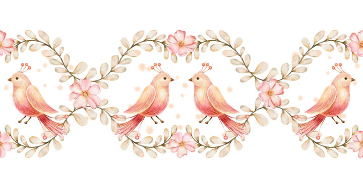 Watercolor hand-drawn seamless horizontal border of pink birds with floral branches and green leaves. Ideal for textiles, wallpapers, packaging, and stationery design